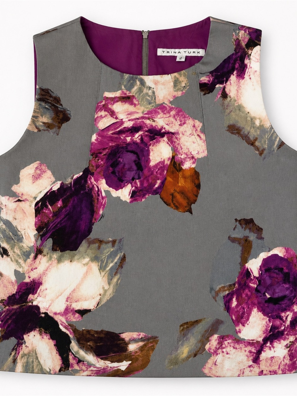 Trina Turk Cropped Floral Sleeveless Top Gray Purple Abstract Print Size 2 - Picture 2 of 5
